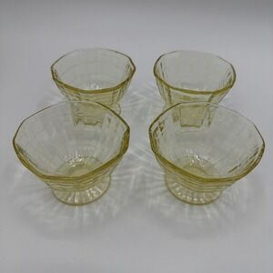 4 Vaseline Glass Anchor Hocking Yellow Depression Sherbet  BLOCK OPTIC 1930s